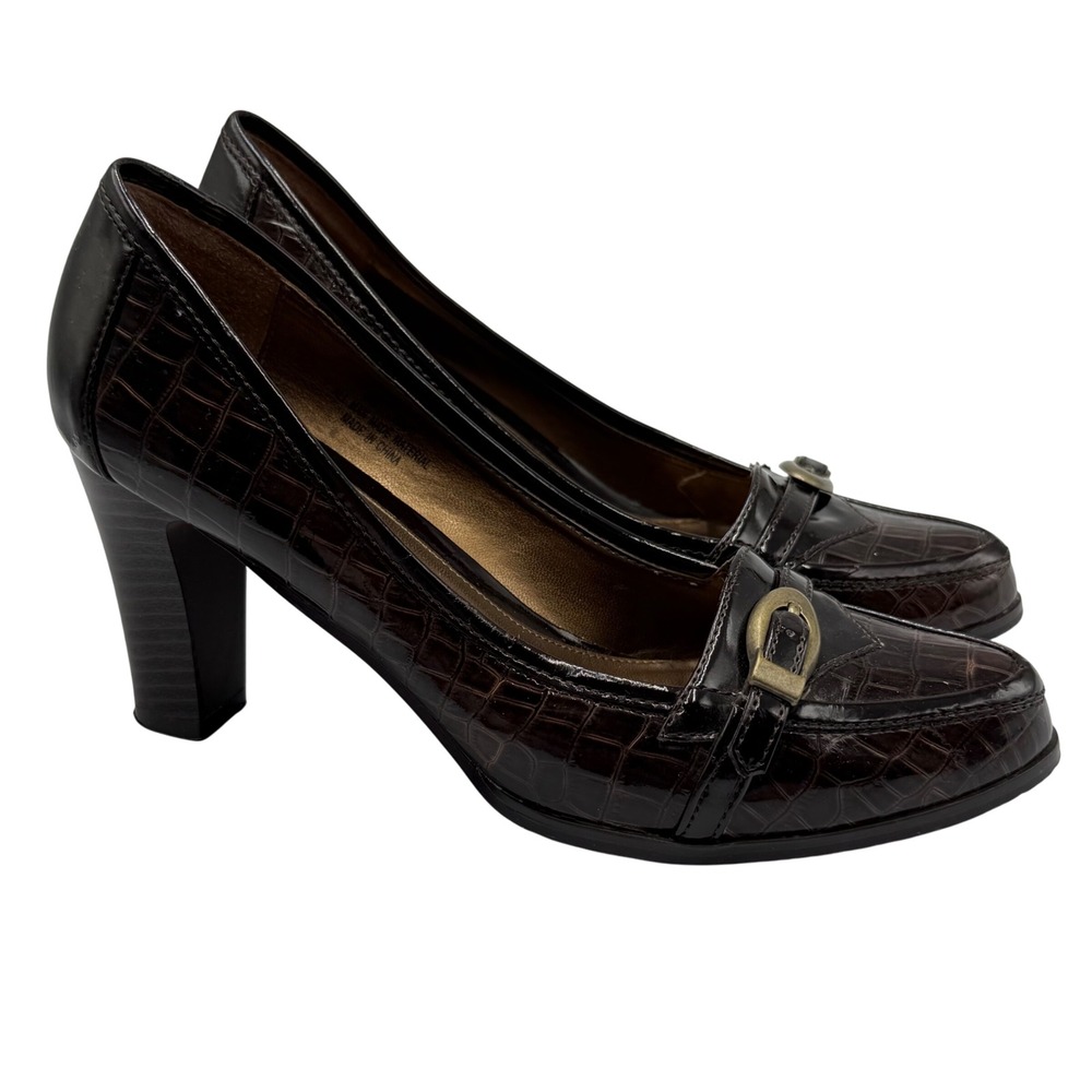 Cato Brown Crocodile Embossed Pumps Heels Buckle Accents Women's Size 8M 90s Y2K